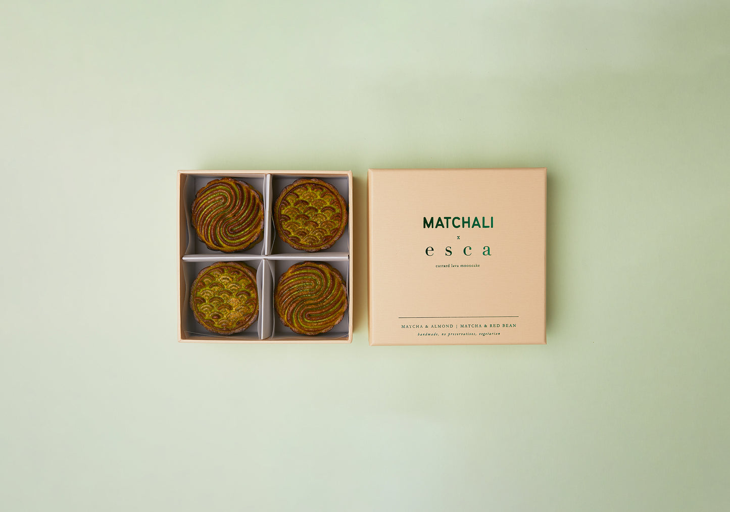 Handmade, Vegetarian Matcha Almond & Matcha Red Bean Mooncakes